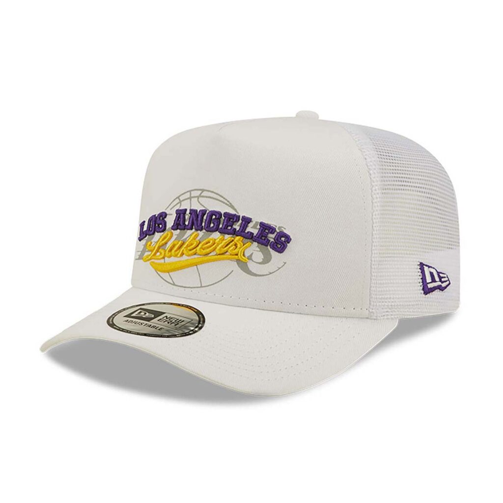 LA Lakers Logo Overlay White A-Frame Trucker Cap